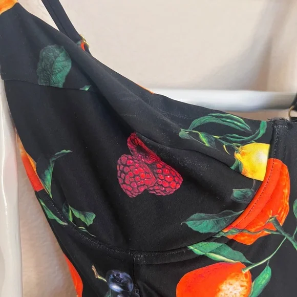 WeWoreWhat Black Fruit Print One Piece Swimsuit Medium Belt Rhinestone Buckle - Picture 6 of 7